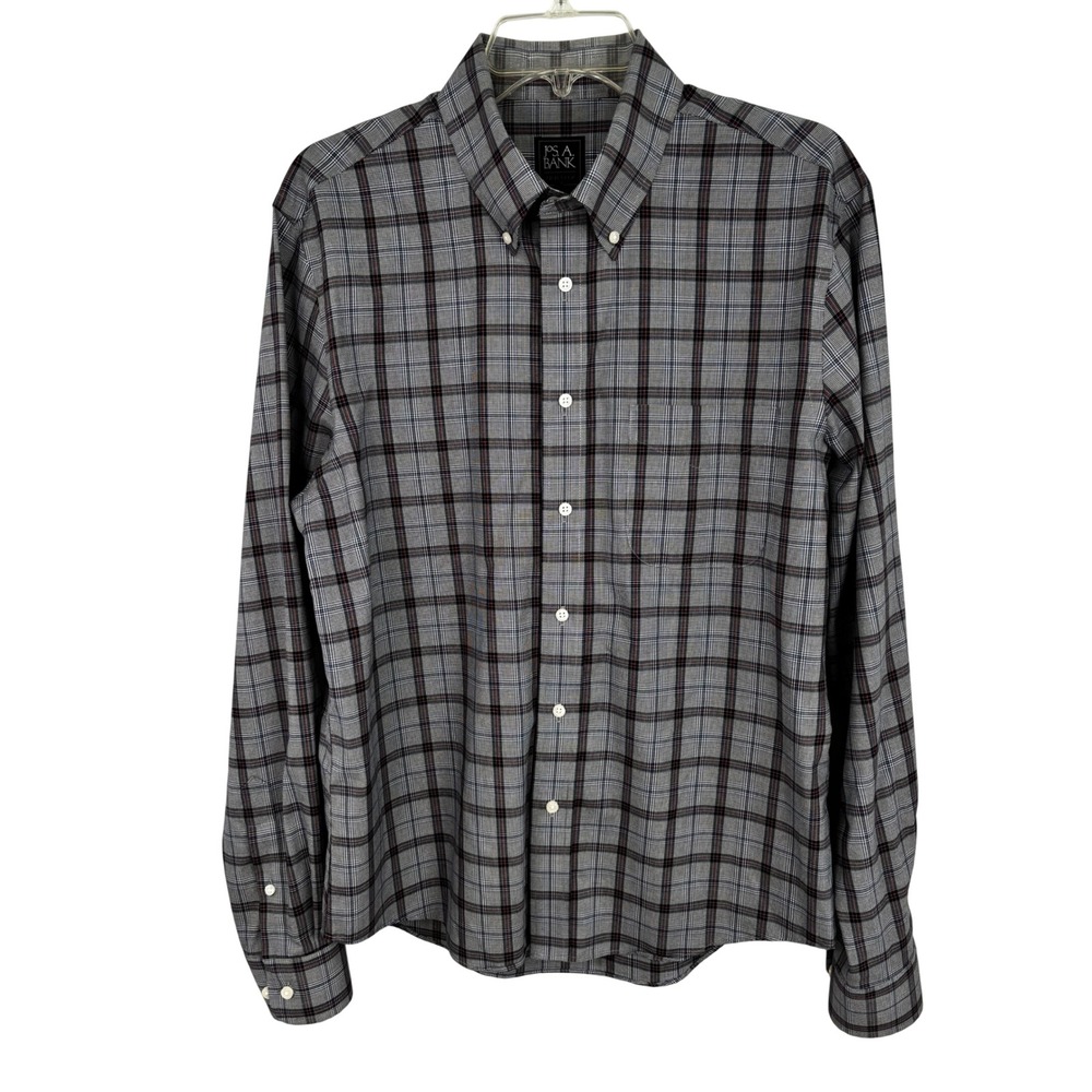Jos A Bank Traveler Slim Fit Shirt Mens Large Grey Blue Red Plaid Cotton L/S